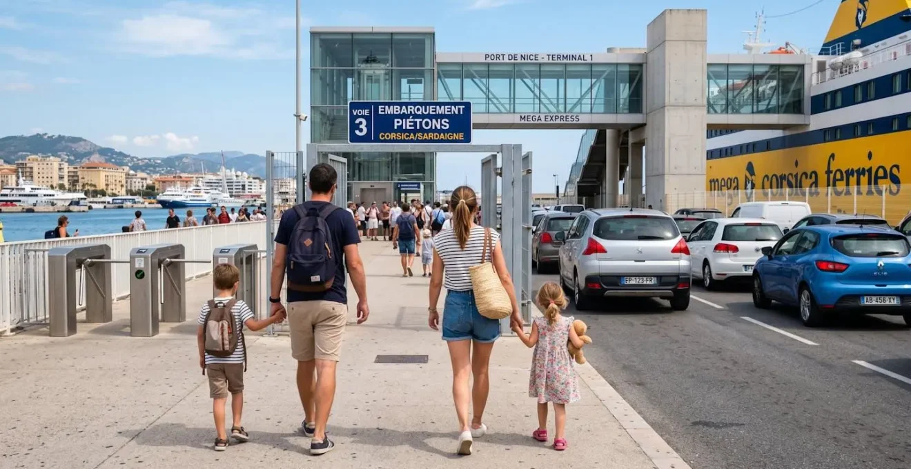 Une famille de quatre personnes vue de dos se dirige vers la passerelle d'embarquement d'un ferry avec leur véhicule garé en file d'attente dans un port méditerranéen ensoleillé