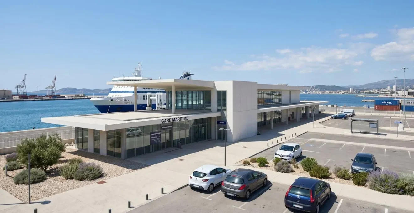 Vue grand angle d'un terminal de ferry méditerranéen moderne avec architecture contemporaine, quelques voitures sur le parking, ciel bleu ensoleillé et infrastructure portuaire française