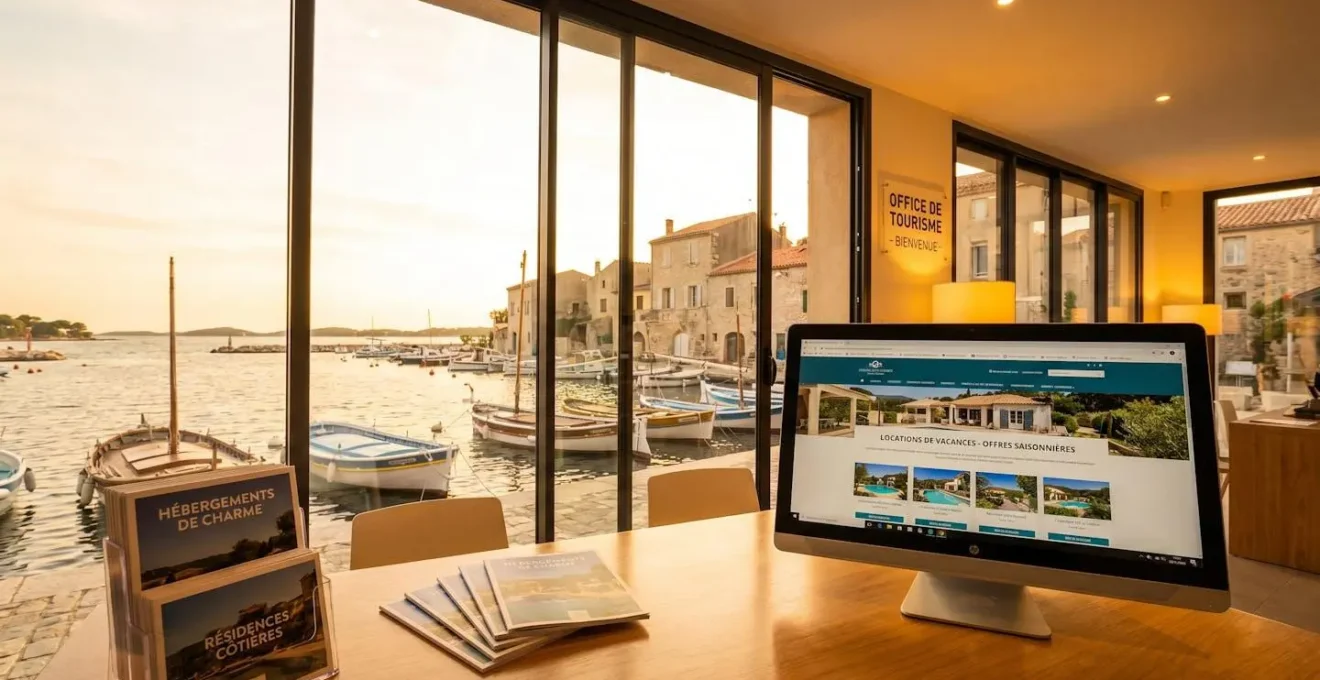 Bureau d'agence immobilière de location saisonnière avec vue sur étang méditerranéen, écran d'ordinateur affichant des annonces de locations de vacances