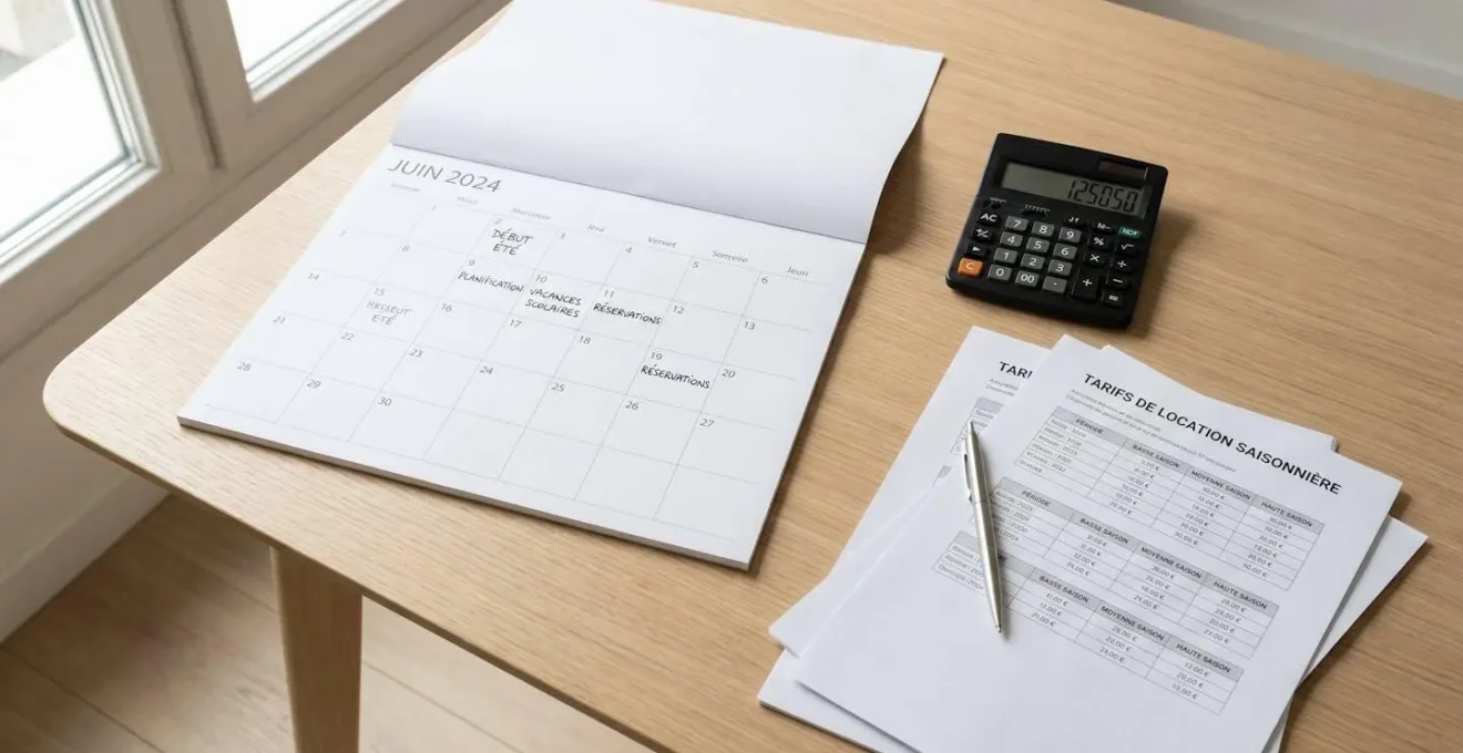 Calendrier papier ouvert avec annotations de planification saisonnière et calculatrice sur bureau