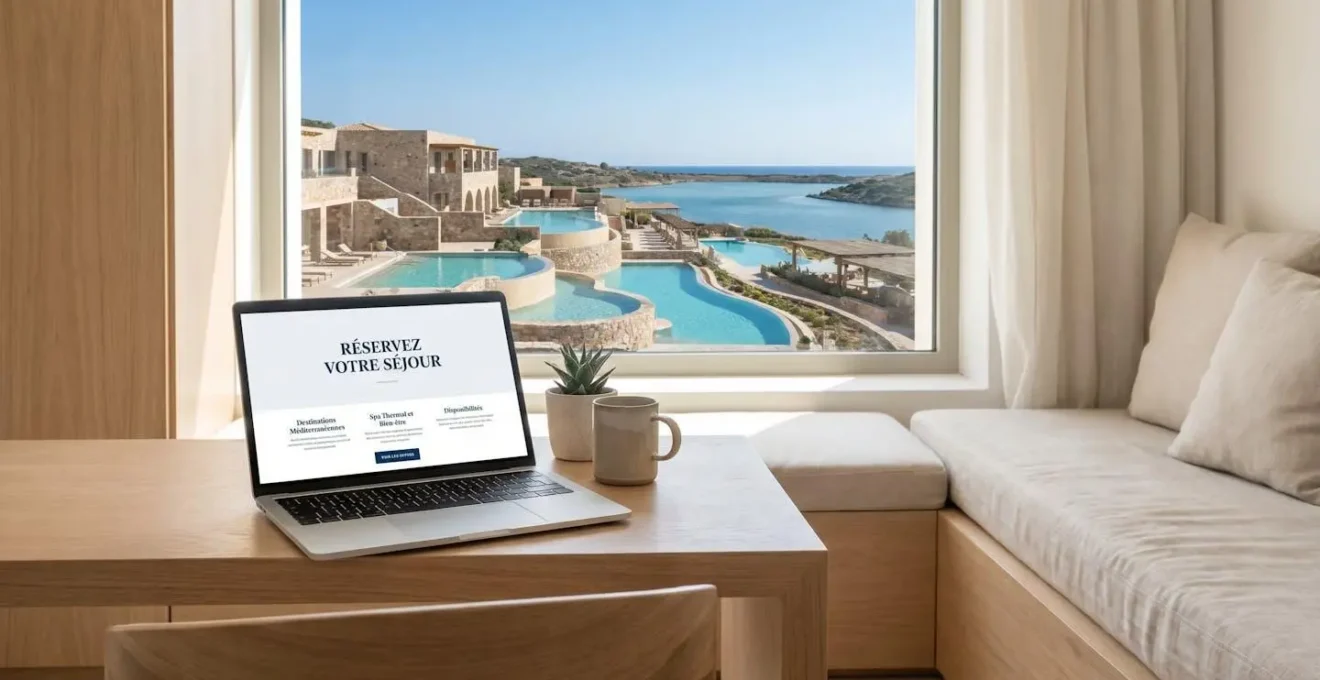 Ordinateur portable affichant un site de réservation de location de vacances avec vue sur station thermale méditerranéenne